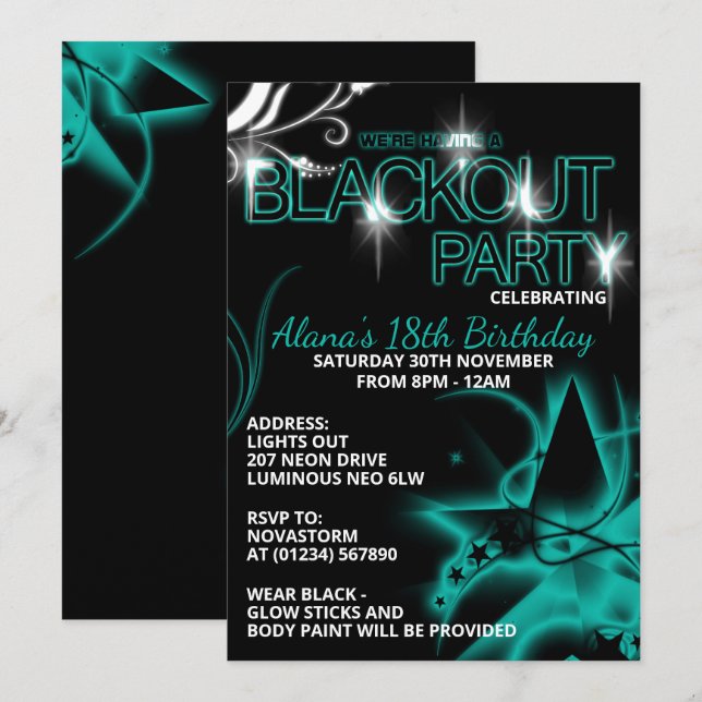 Blackout UlUV Anniversaire de fête Invitations (Devant / Derrière)
