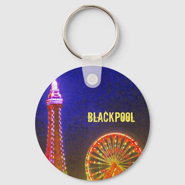 Blackpool Beach Lights at Night, Red, Gold, Blue Keychain (Front)
