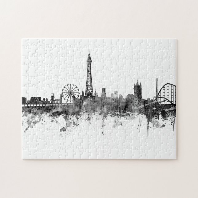 Blackpool England Skyline Black White Jigsaw Puzzle (Horizontal)