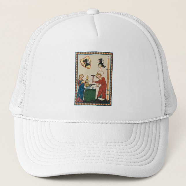 Blacksmith Forging Helmet Medieval Art Trucker Hat (Front)