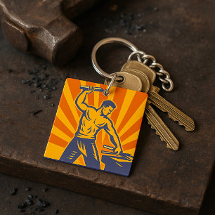 Blacksmith Hammering Retro Strongman Labour Keychain
