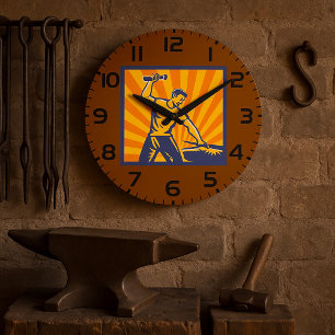 Blacksmith Hammering Retro Strongman Labour Large Clock