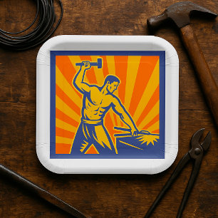 Blacksmith Hammering Retro Strongman Labour Paper Plate