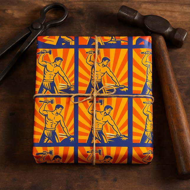 Blacksmith Hammering Retro Strongman Labour Wrapping Paper (Creator Uploaded)
