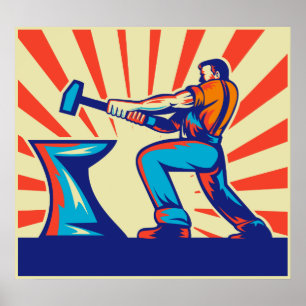 Blacksmith worker with hammer and anvil poster