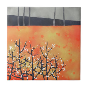 Blackthorn Blossom Spring Landscape Coral Tile