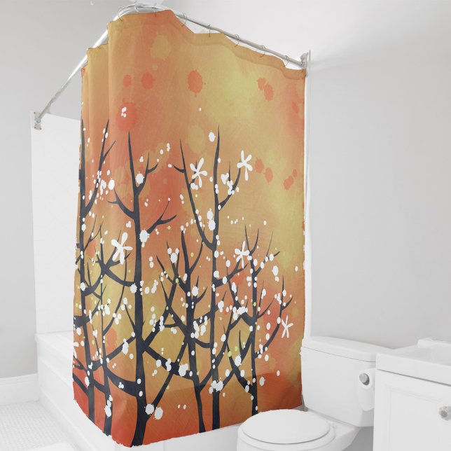 Blackthorn Blossom Spring Landscape Painting (Blackthorn Blossom abstract orange peach coral painting art shower curtain)