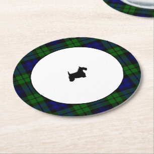 Blackwatch Plaid Black Scottie Round Paper Coaster