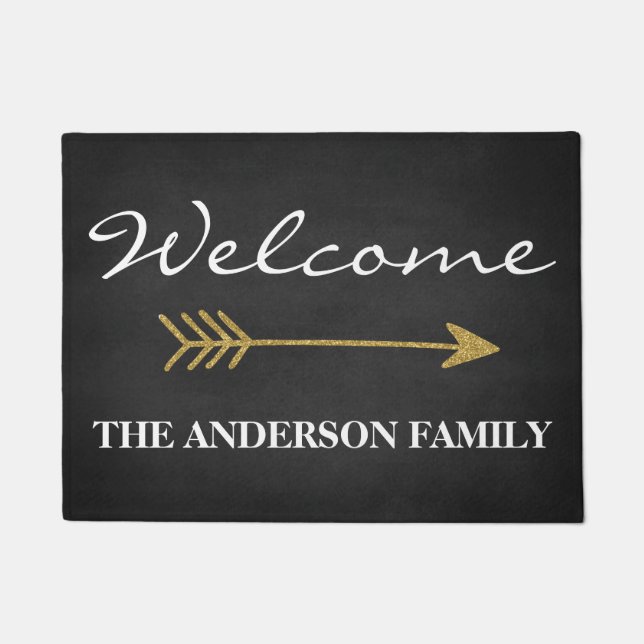 BlackWith Gold Glitter Arrow Personalized Door Mat (Front)