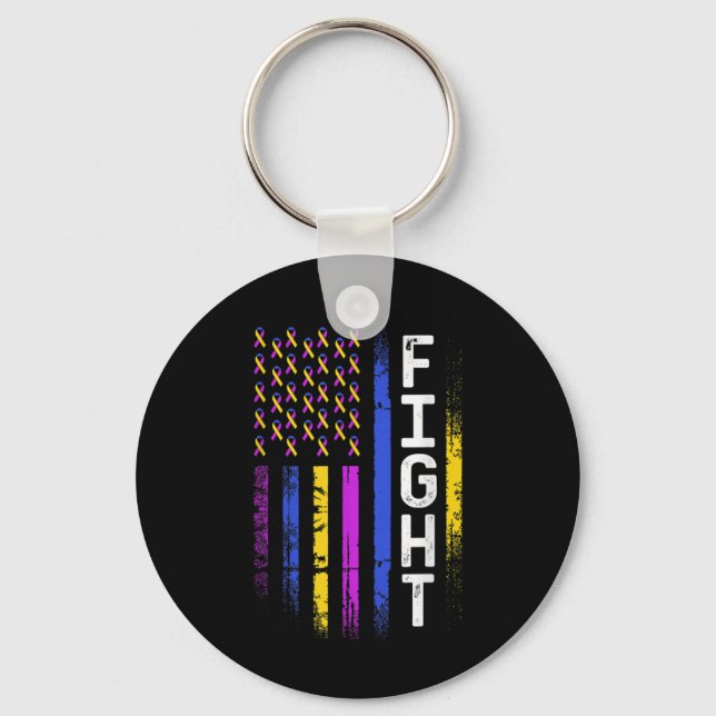 Bladder Cancer Flag Purple Yellow Blue Ribbon Awar Keychain (Front)