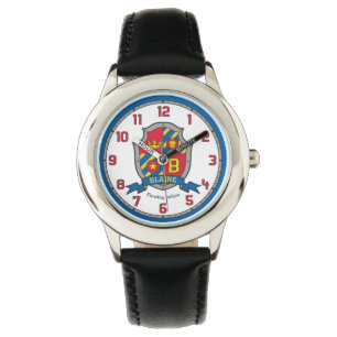 Blaine boys custom name crest red blue yellow lion watch