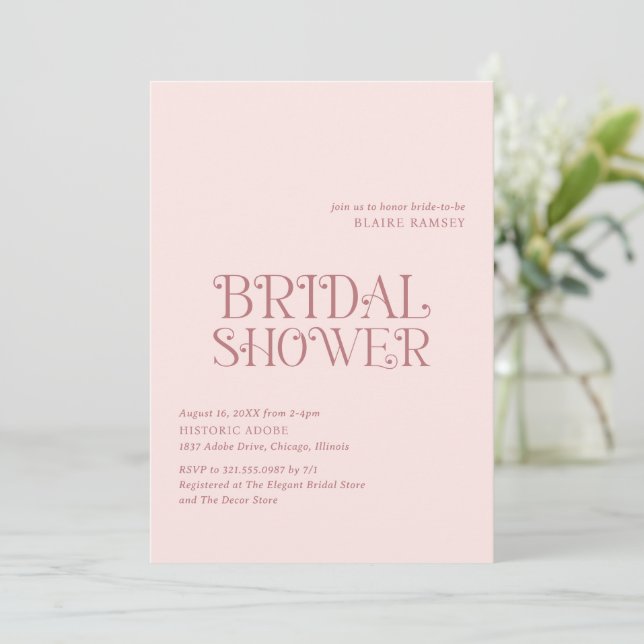 Blaire Blush Pink Modern Bridal Shower Invitation (Standing Front)