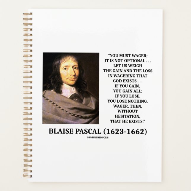 Blaise Pascal Gain Loss Wagering God Exists Quote Planner (Front)