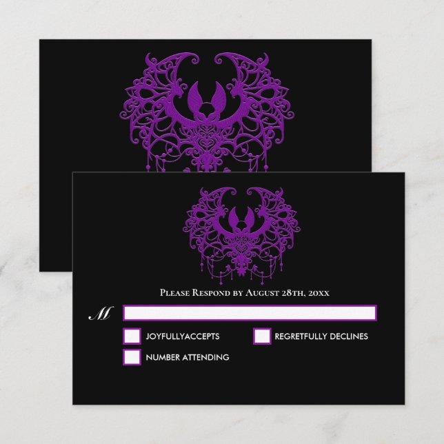 Blak purple Gothic Halloween Wedding RSVP Card (Front/Back)