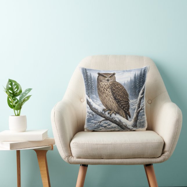 Blakiston’s Fish Owl in Winter Forest –  Throw Pillow (Chair)