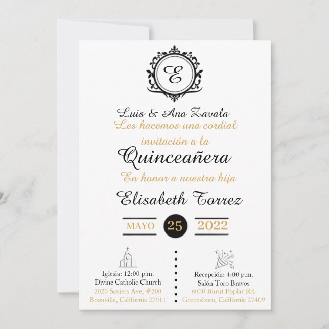 Blan  oro  invitations for quinceañera elegante  (Devant)