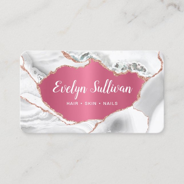 Blanc Agate Faux Pink Foil carte de visite (Devant)