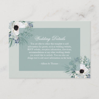 blanc anémone sauge vert carte de détails mariage