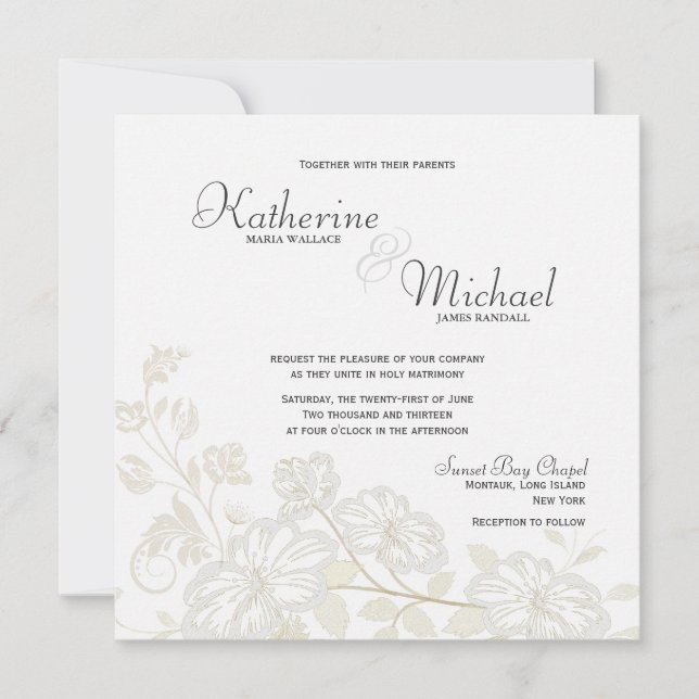 Blanc aux invitations florales blanches de mariage (Devant)