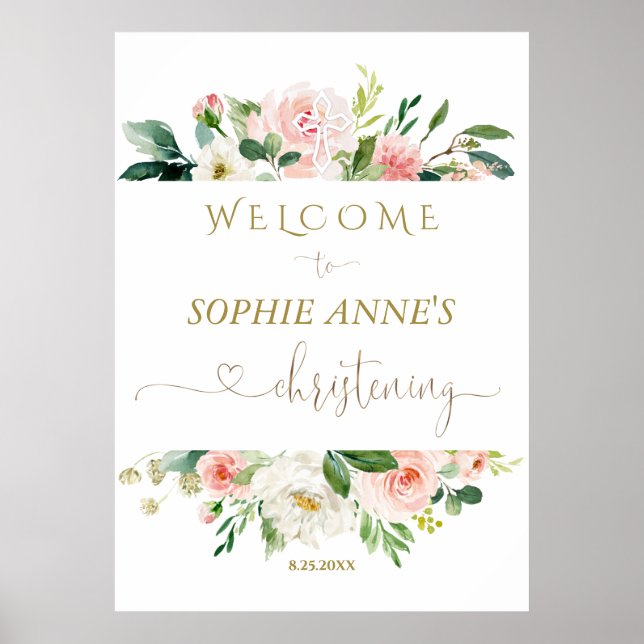 Blanc Blush Floral Gold Christening Affiche de bie (Devant)