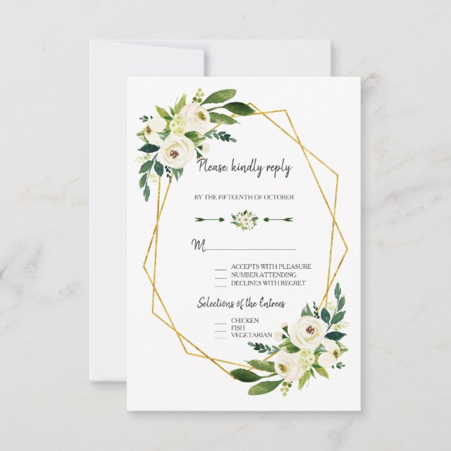 Blanc Chic Fleurs Vertes Cadre Doré Mariage RSVP (Devant)