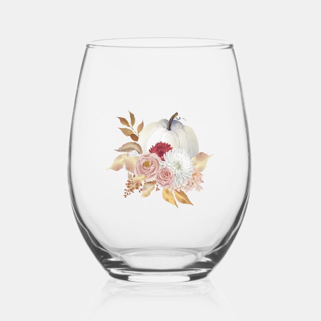 Blanc Citrouille Floral Design Verre Vin Stemless (Recto)