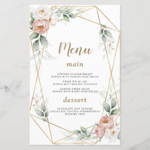 Blanc Dusty Rose Floral Gold Green Mariage Menu