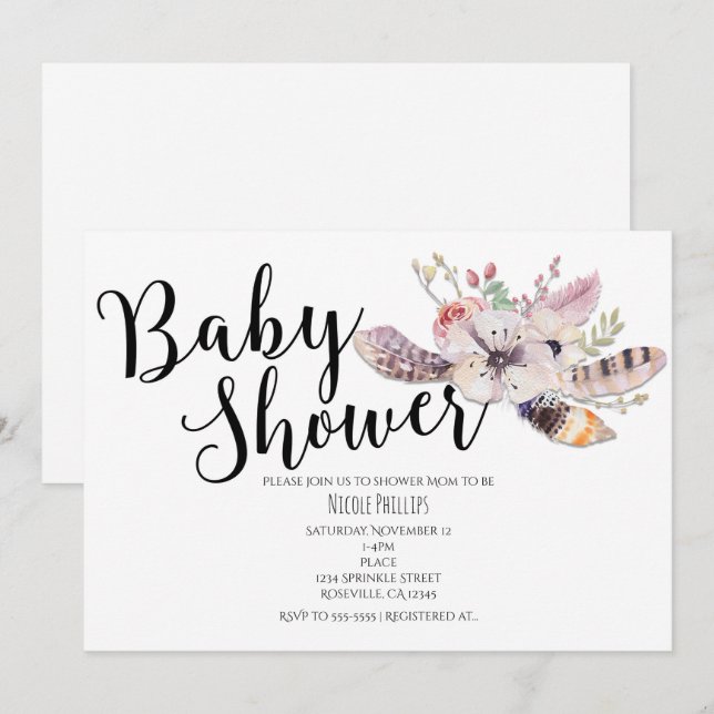 Blanc Floral Boho Chic Baby Shower Invitations (Devant / Derrière)