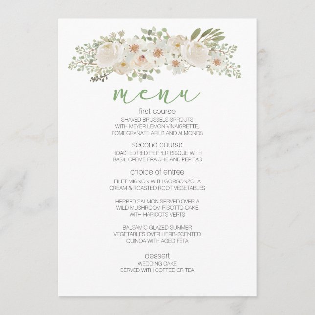 Blanc Floral Elegant Romantique Menu Mariage (Devant)