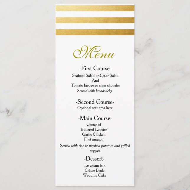Blanc & Gold Foil Stripes Élégant Menu de mariage (Devant)