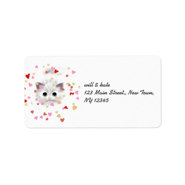 Blanc Kitten Chat Coeur Confetti Étiquette de adre (Devant)