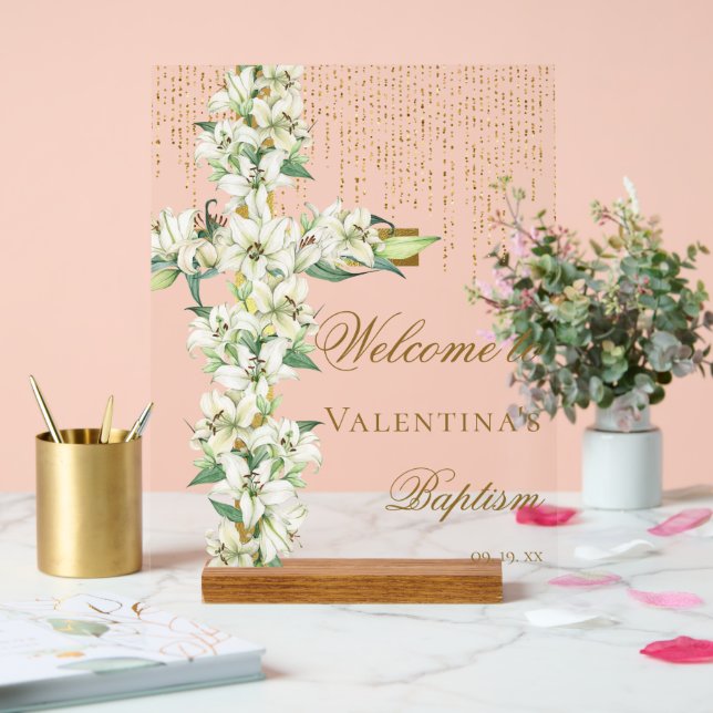 Blanc Lily Floral Gold Cross Baptême Bienvenue (Mariage)