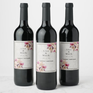 Blanc Lily Floral Marbre Mariage Vins Étiquettes
