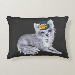 BLANC Long Haired Chihuahua Coussin en Casquette