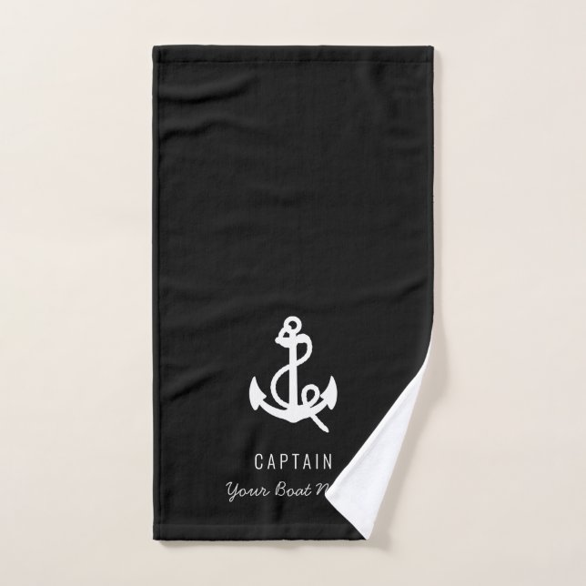 Blanc noir moderne Votre nom de bateau Ancre (Serviette à main)