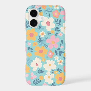 Blanc, or et motif floral rose sur fond aigue-mari