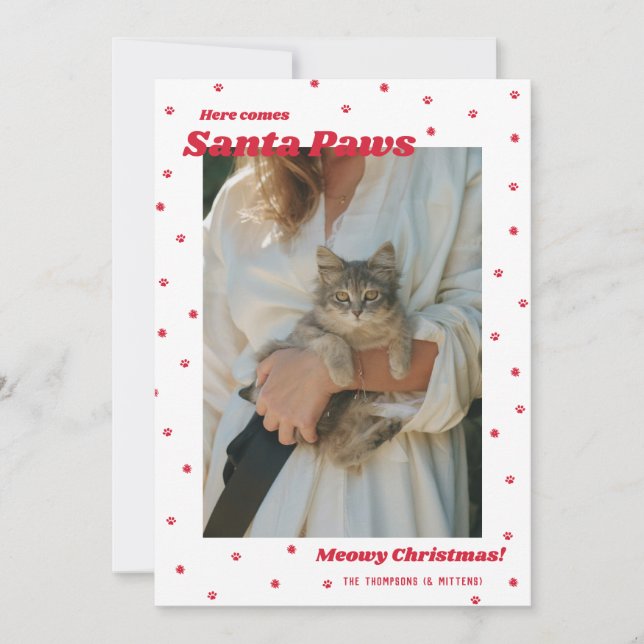 Blanc Père Noël Paws Meowy Carte photo de chat de  (Devant)