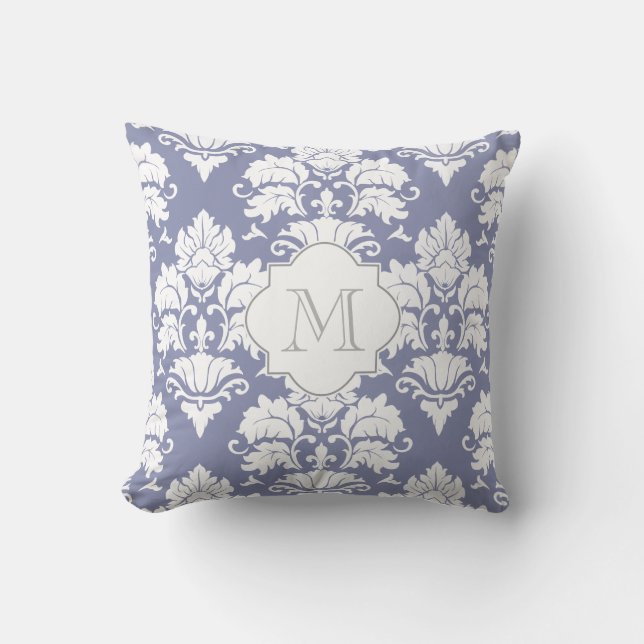 Blanc & Périwinkle bleu Damask Coussin monogramme (Recto)