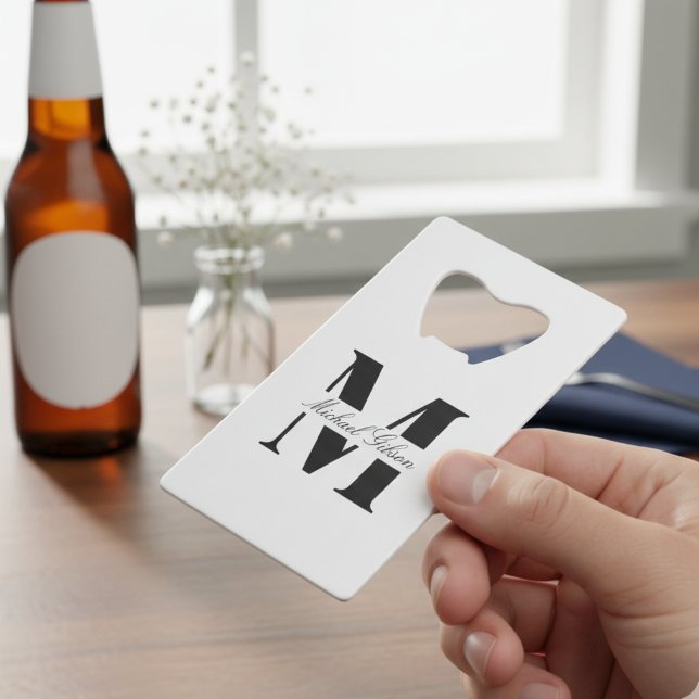 Blanc Pur | Cadeaux Personnalisés pour Garçons d'H (Pure White | Personalized Monogram Groomsmen Credit Card Bottle Opener)
