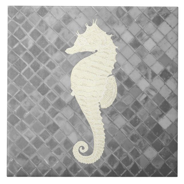 Blanc Seahorse Gris Verre de mer Motif Carreaux en (Devant)
