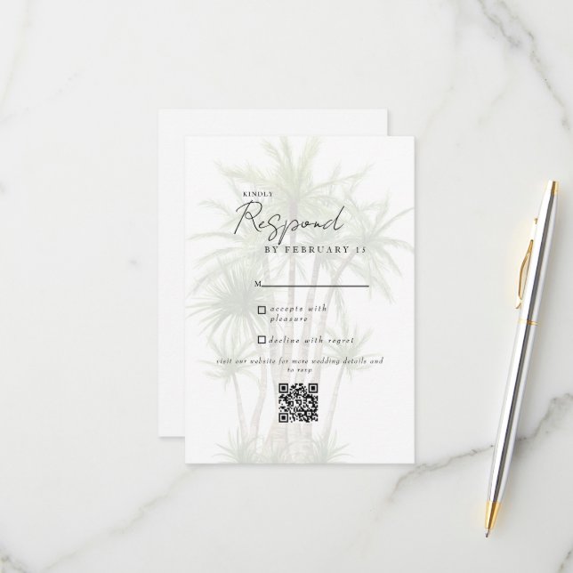 Blanc Tropical Moderne Mariage QR Code RSVP (Devant/Arrière en situation)