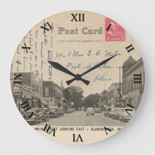Blanchester Ohio Postcard Clock - Main Street 1951 (Front)