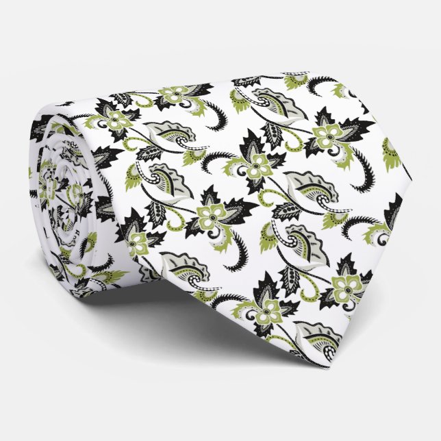 blanco con flores verdes tie (Rolled)