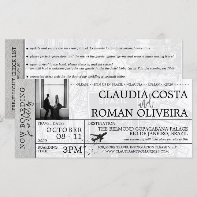 Blancs Brésil Mariage Boarding Pass Invitation (Devant / Derrière)