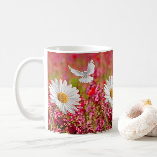 Blancs de la colombe rose florale Mug (Avec donut)