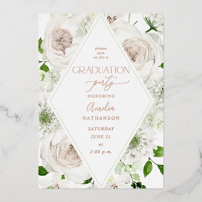 Blancs Floral Graduation Party Foil Invitation (Recto)