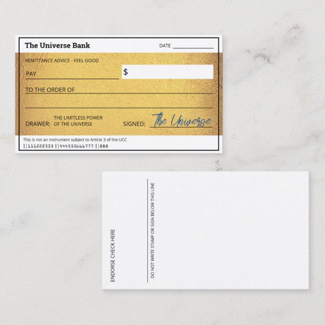 Blank Abundance Check Gold Law of Attraction  Business Card (Front/Back)