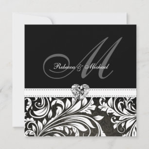 Blank Black and White Damask Monogram Invitations