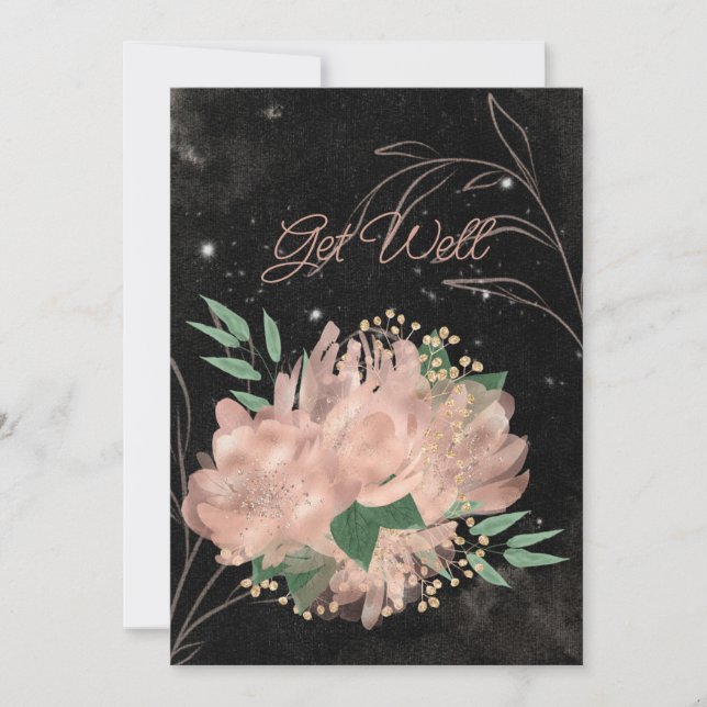 Blank Black  Pale Pink Satin Floral Get Well   Announcement (Front)