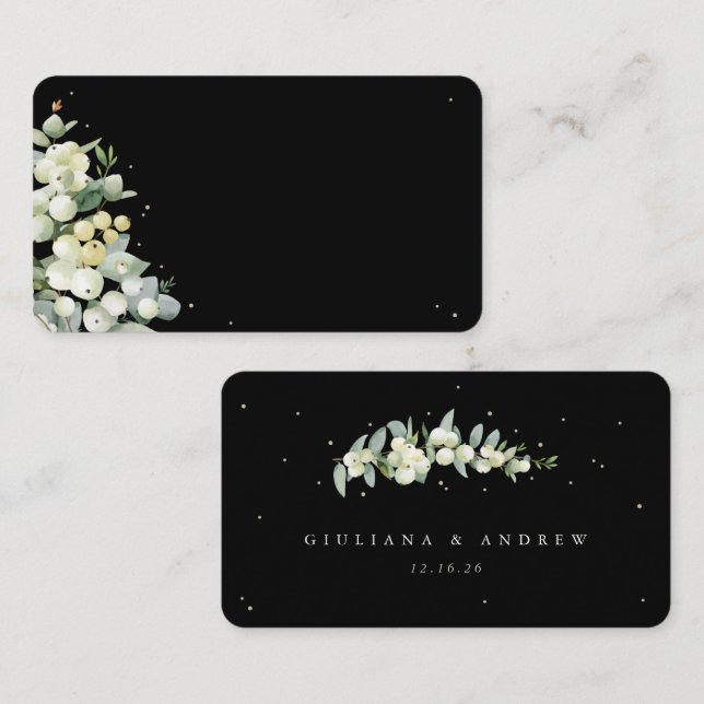 Blank Black Snowberry + Eucalyptus Wedding Flat Place Card (Front/Back)